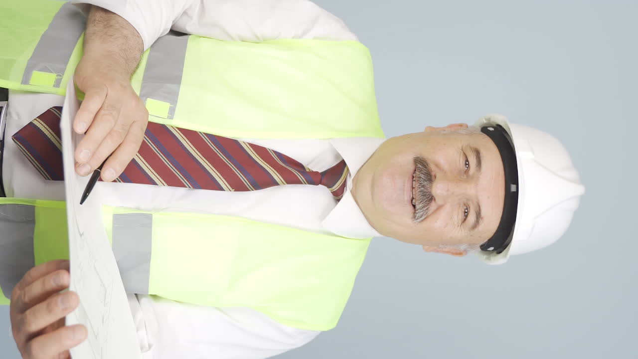 el video vertical del viejo ingeniero sosteniendo el proyecto se ríe.