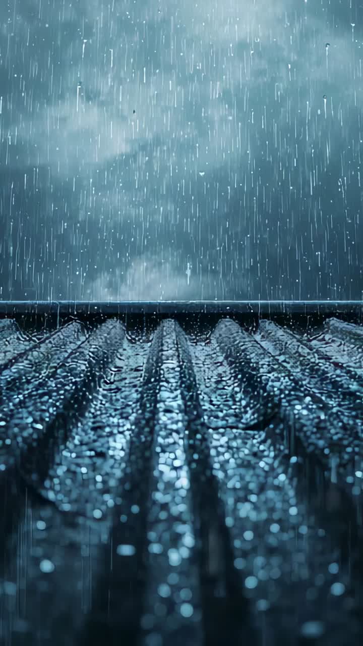 Vertical video: Channeling corrugated roof shedding rivulets toward edge with beads and steady rain