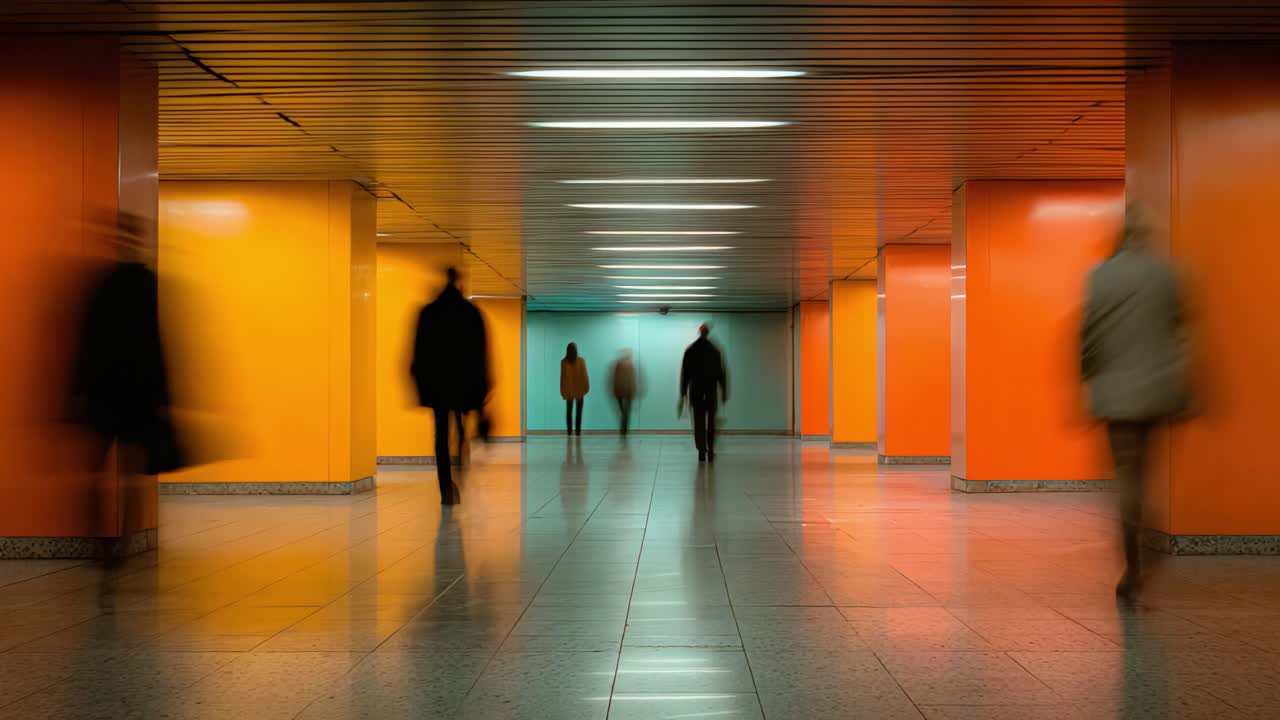 Dynamic Movement in an Urban Subway: A Study of Figures Amidst Vibrant Colored Walls and Modern Architecture