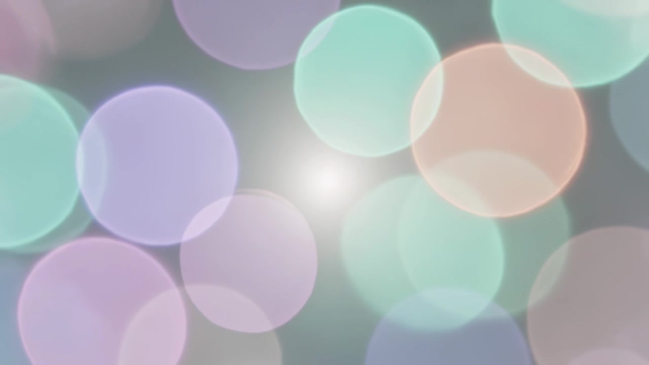 Discos bokeh pastel se movendo no início sobre um fundo cinza suave, criando um brilho branco calmante