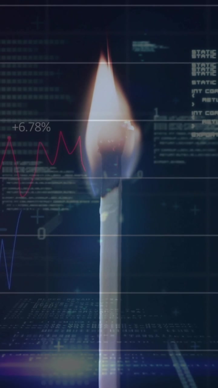 Animation of financial data processing over lit match