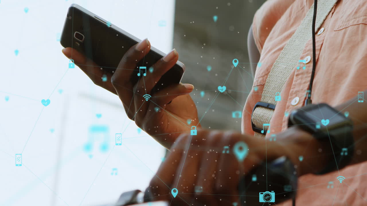 Animation of connected icons over african american woman on bicycle using cellphone