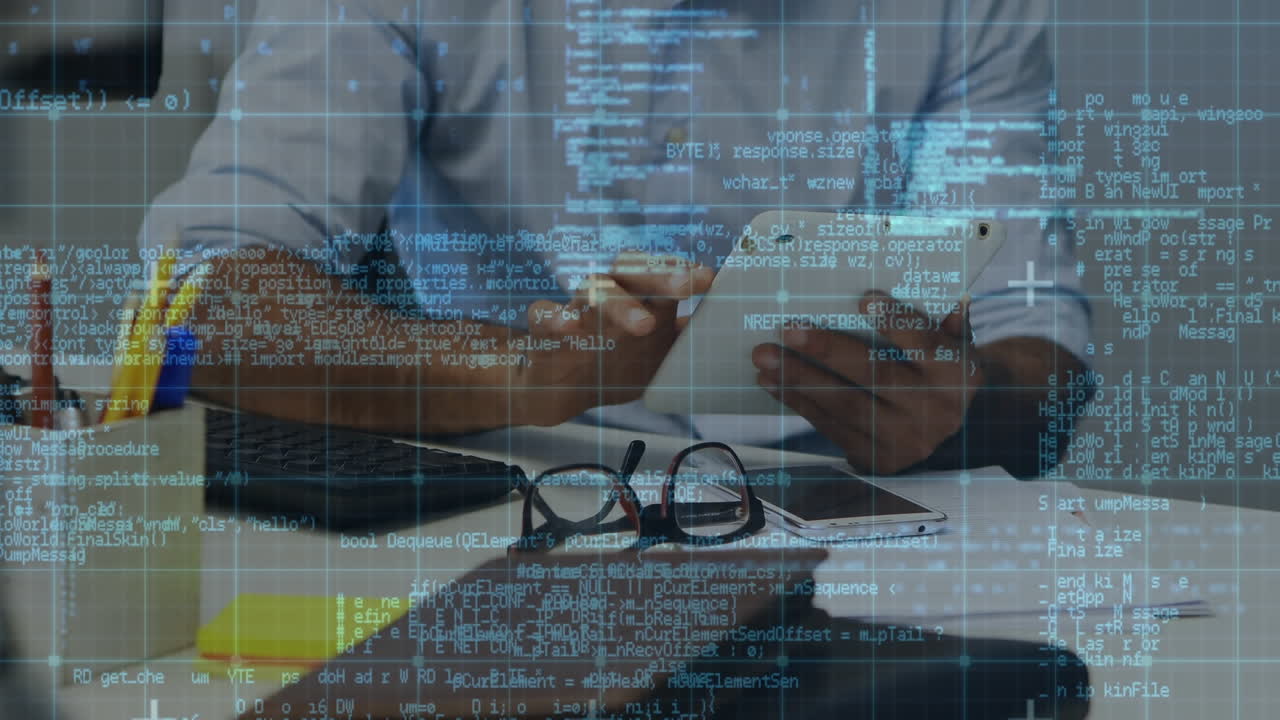 Data processing over grid lines against mid section of man using digital tablet