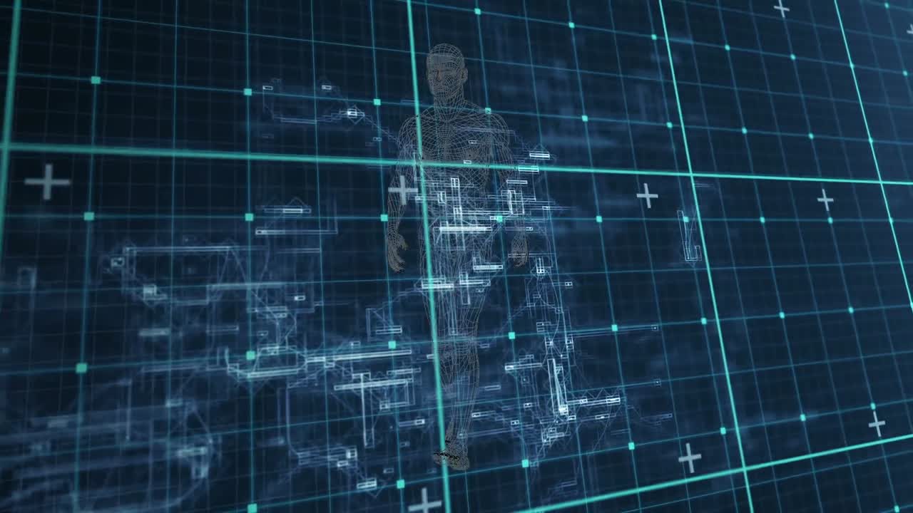 어두운 파란색 공간 위에서  ⁇ 는 인간 모델의 애니메이션