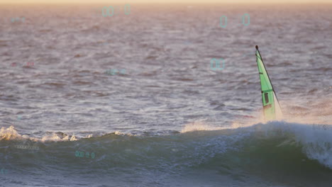 windsurfer riding wave with digital data animation over ocean scene