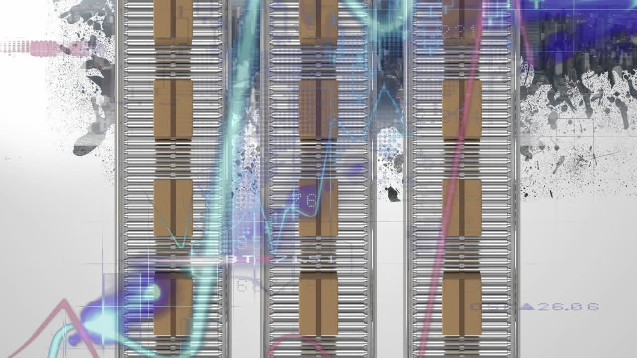 animación del procesamiento de estadísticas sobre cajas de cartón en cintas transportadoras