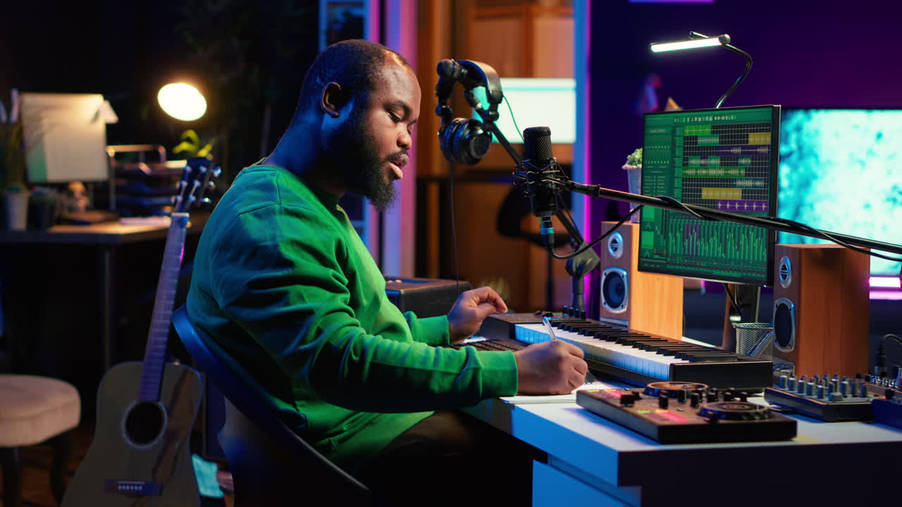 compositor tomando notas para crear nuevas pistas para un álbum en su estudio de casa