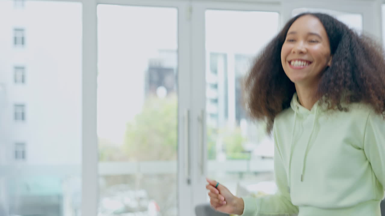 Home, music and excited friends doing dancing