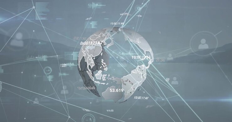 Animation of network of connections with data processing over globe