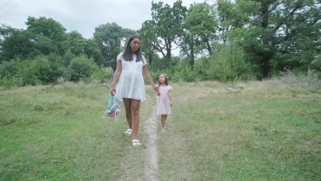 a pregnant woman and her young daughter, both dressed in white, walk hand-in-hand through a grassy park. the scene captures a serene moment of family bonding in nature, surrounded by trees.