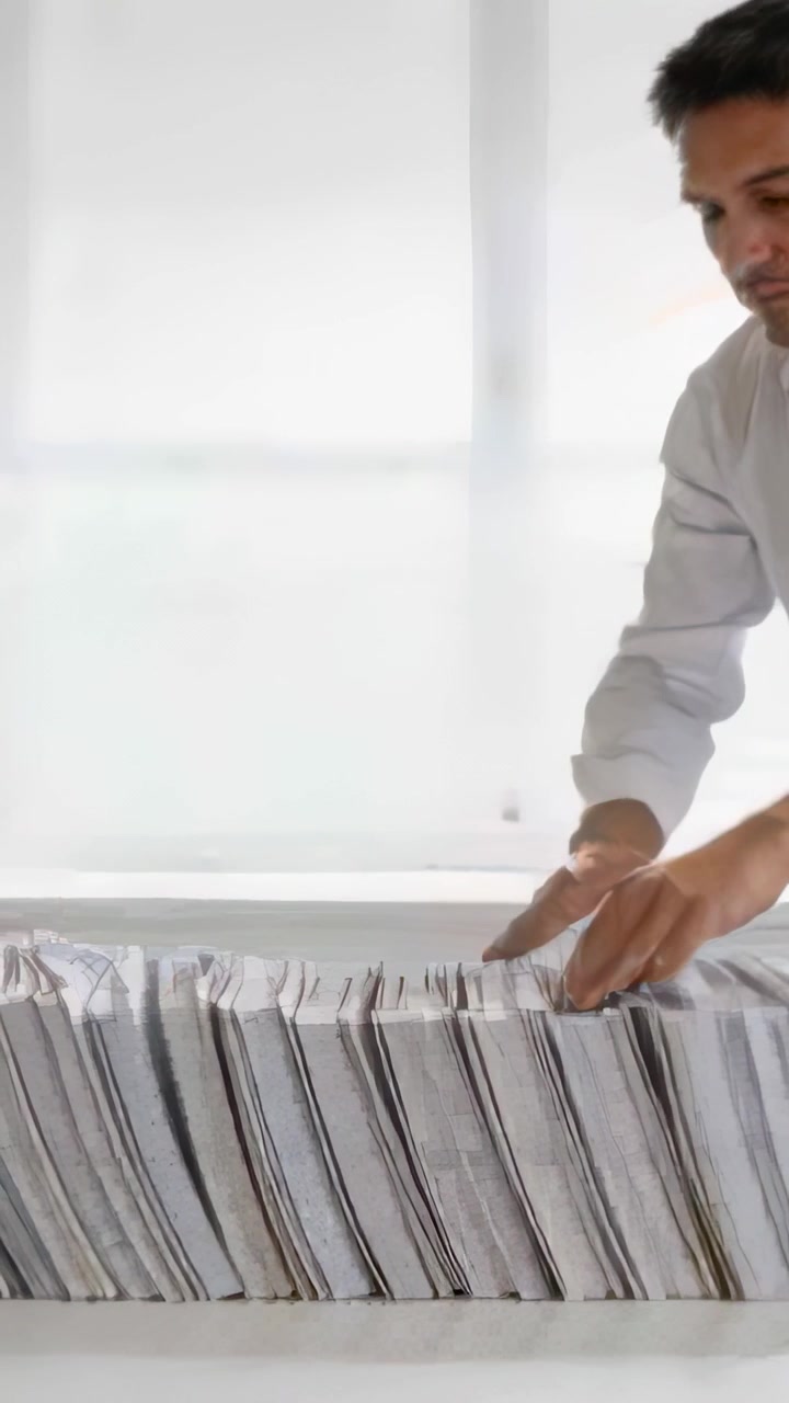 Vertical video: Leaning man in white shirt aligning papers for uniform edges by blinds, copy space