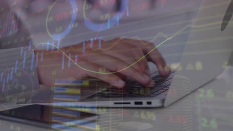 animation of statistical data processing against mid section of a man using laptop at office