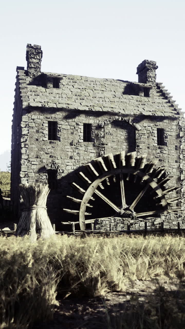 Historic watermill surrounded by golden fields at sunset