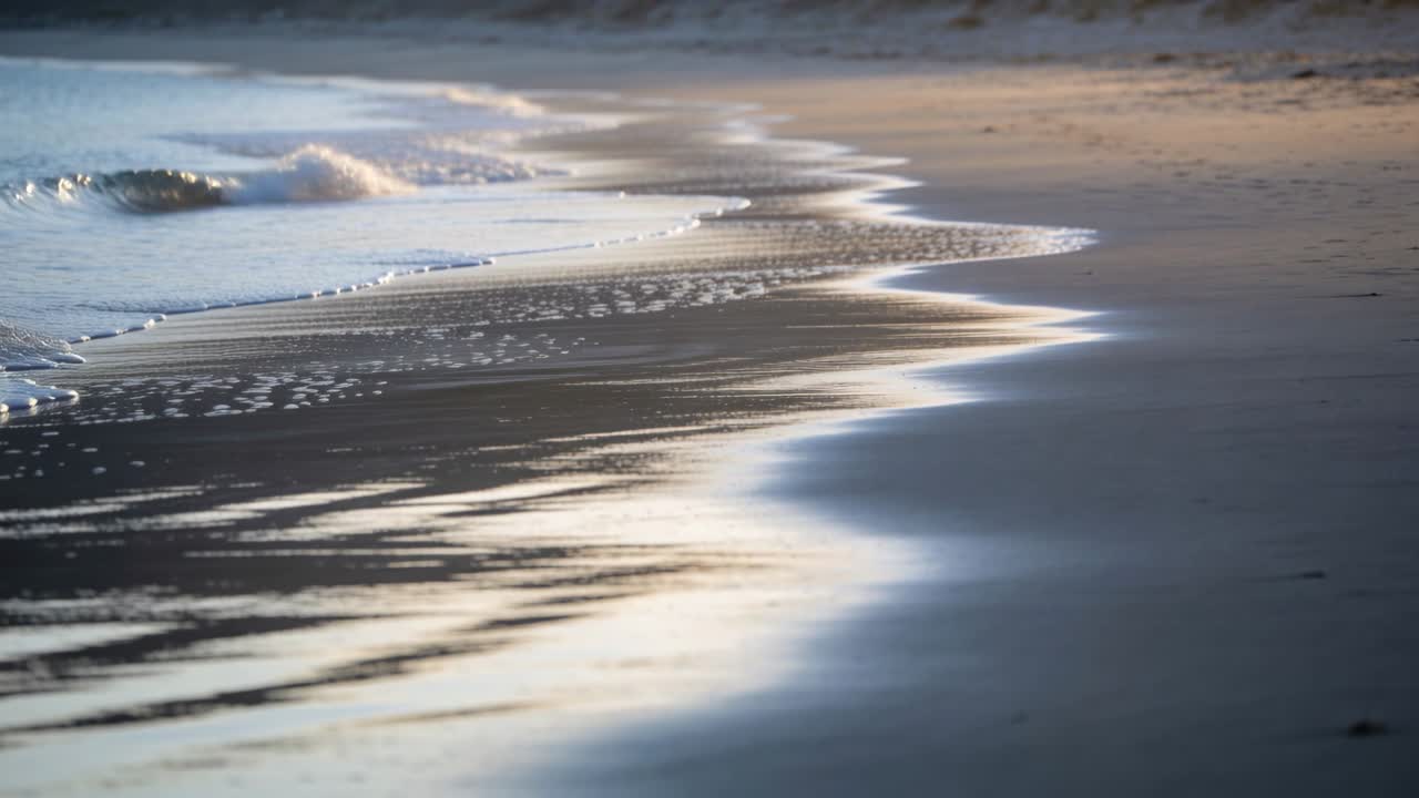 Spiaggia che mostra sabbia bagnata riflettente mentre la marea in arrivo spinge la schiuma attraverso l'inquadratura per annunci di viaggio