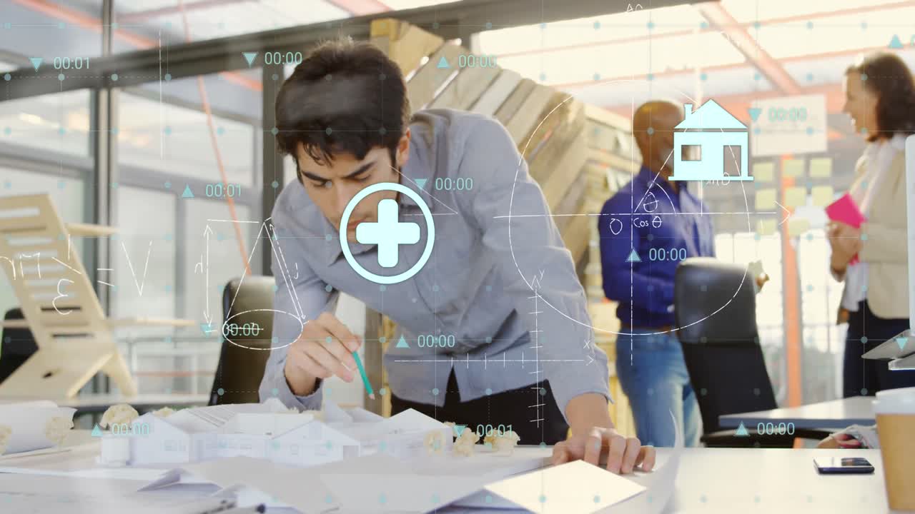 animación del procesamiento de datos financieros sobre empresario biracial que trabaja en la oficina