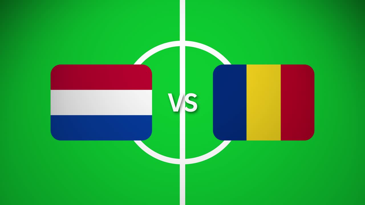 Animated football soccer graphic: Netherlands and Romania flags on green field with center circle. "VS" indicates upcoming match. Dynamic sports visualization for international football tournament.
