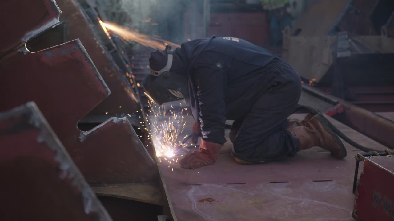 Man in protective suit and mask is bussy welding at a shipyard