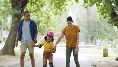 Family-with-cute-adopted-girl-learning-to-roller