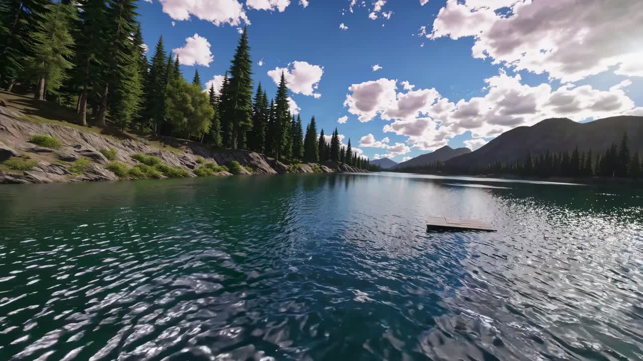 Aerial video view of a serene lake surrounded by pine trees and mountains under a bright blue sky