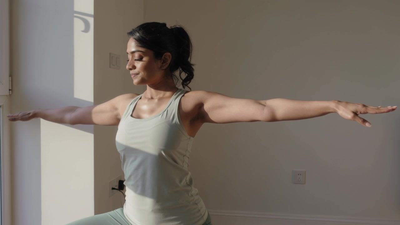 Reaccionando a la luz del sol, una mujer india haciendo una zancada en casa, perfeccionando la postura sobre una esterilla con ropa deportiva verde.