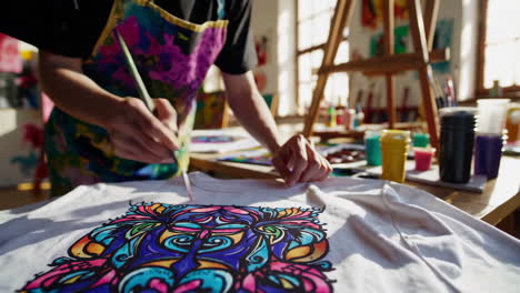 artist painting a colorful design on a t-shirt in an art studio