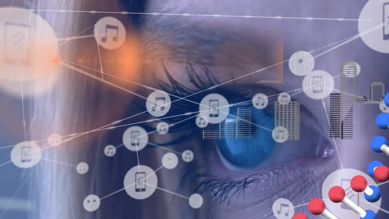 Animation of network of connection with icons and data processing over caucasian woman's face
