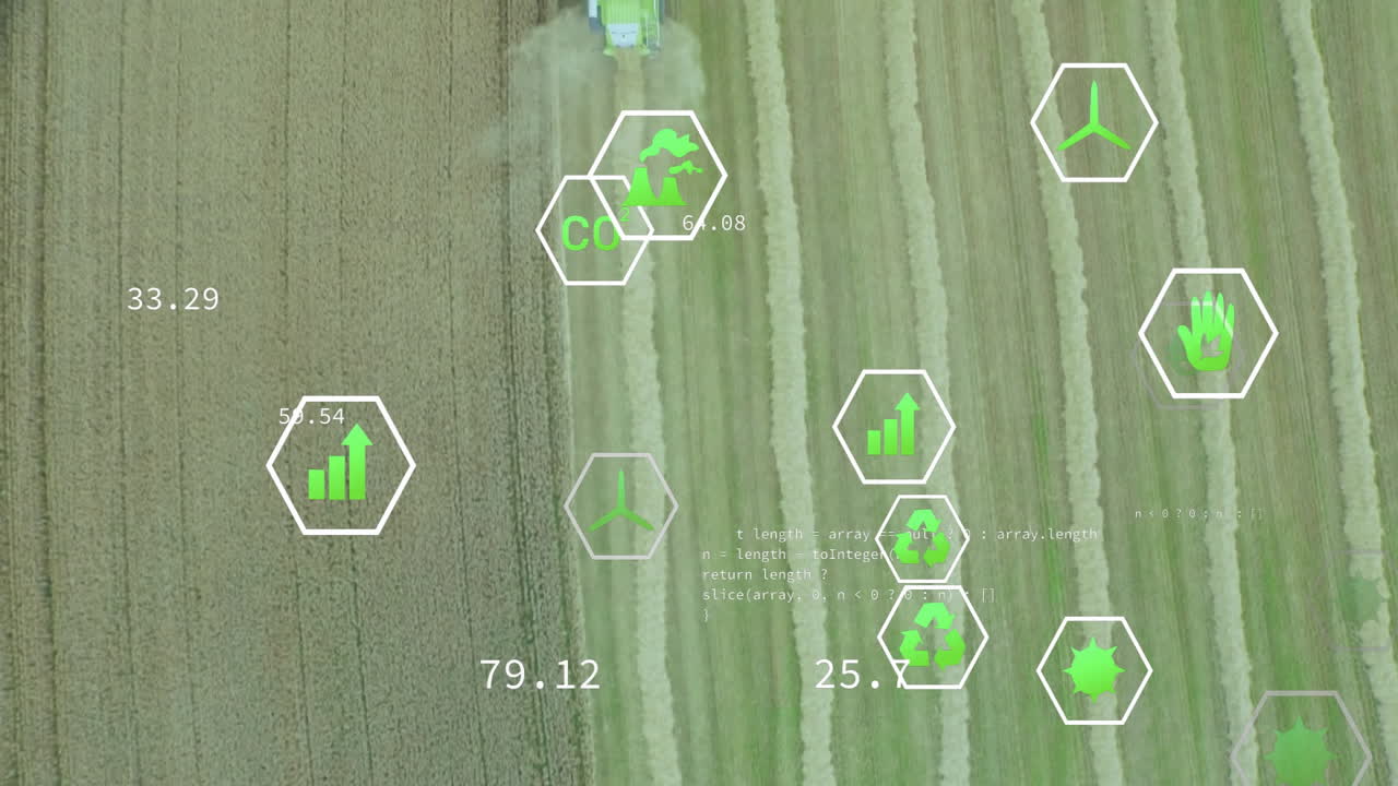 농업 데이터 및 지속 가능성 아이콘 애니메이션 (농경지의 공중 사진)