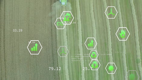 agricultural data and sustainability icons animation over aerial view of farmland