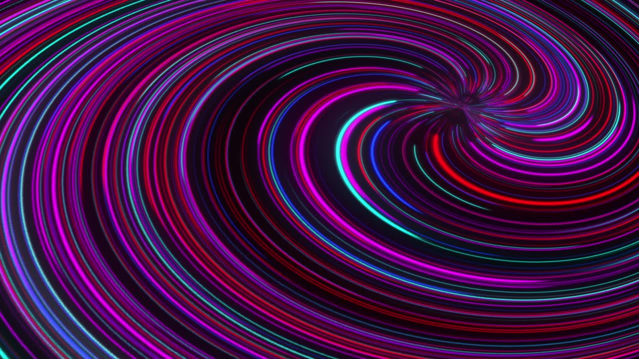 Neon lights in a seamless and looping animation. Vortex hyperspace tunnel. Motion design background. Abstract 4k loopable motion graphics. Glowing neon lights streaming across the screen