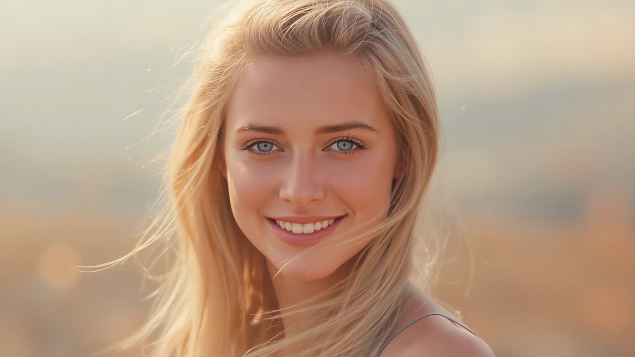 Smiling woman holding gaze while breeze lifting long hair outside for portrait, wearing strap top