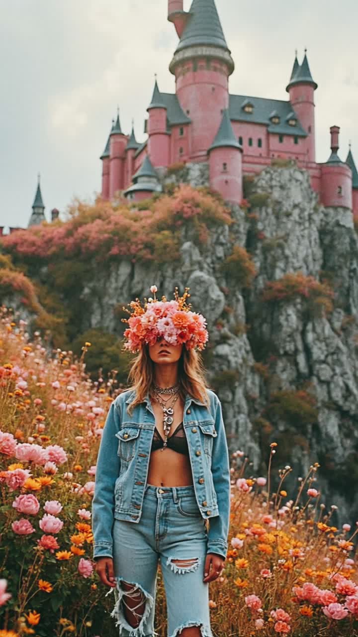 Woman in floral crown and denim jacket, in front of a pink castle surrounded by flowers.