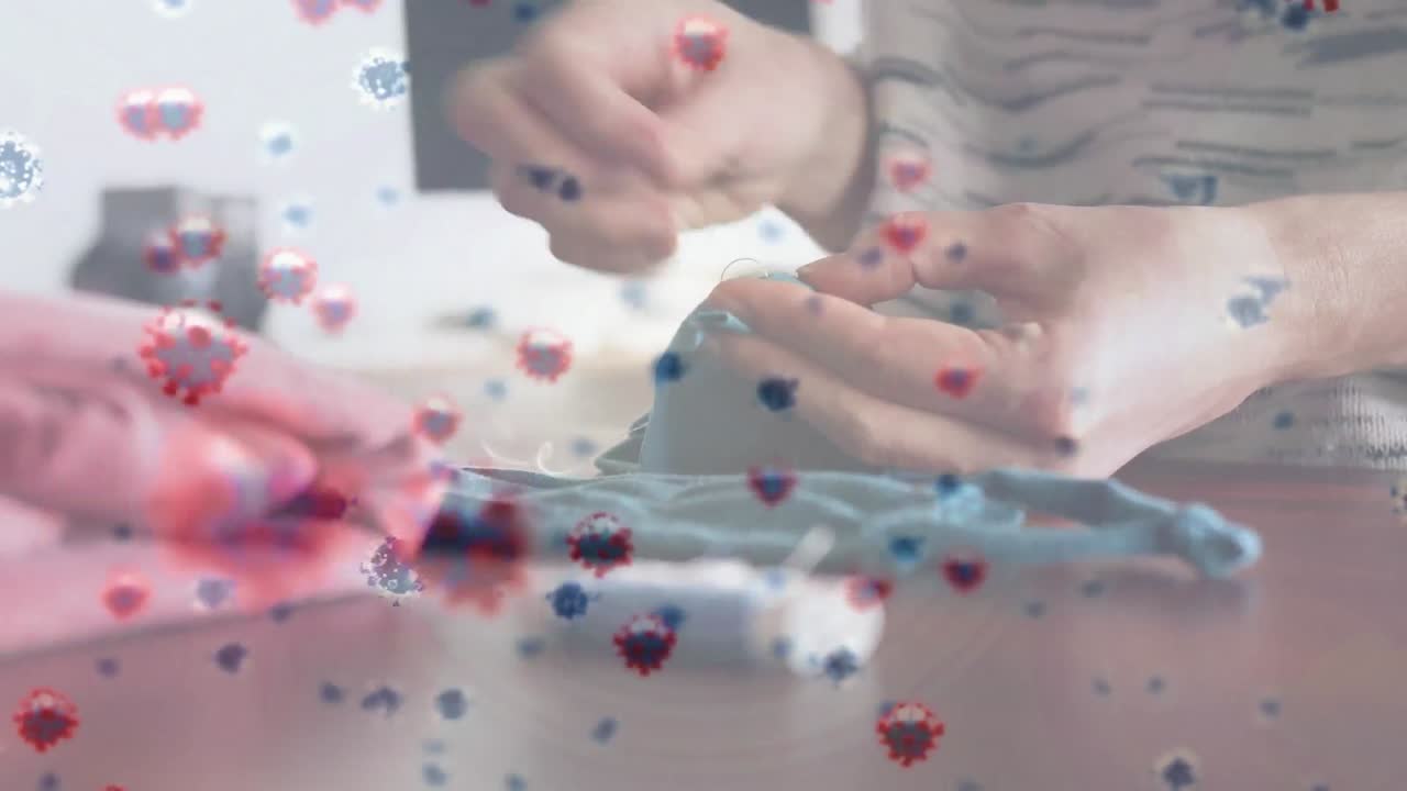 코로나 19 세포의 애니메이션이 마스크를  ⁇ 는 사람 위에