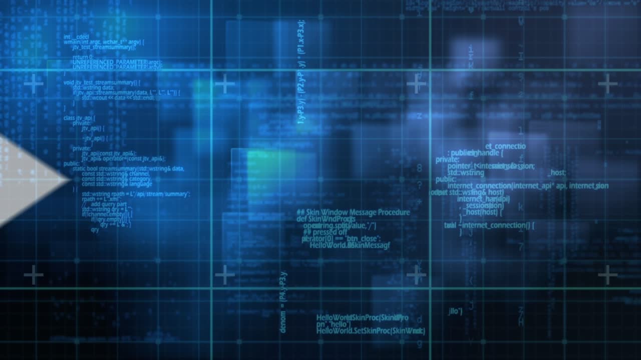 Animation of data processing and arrows over grid and squares