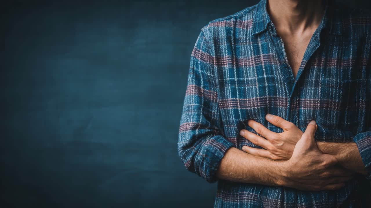 Koyu Mavi Bir Arka Plana Karşı Savunmasız Bir Anda Acı ve Duyguyu Tasvir Eden, Göğsünü Tutan Bir Adam