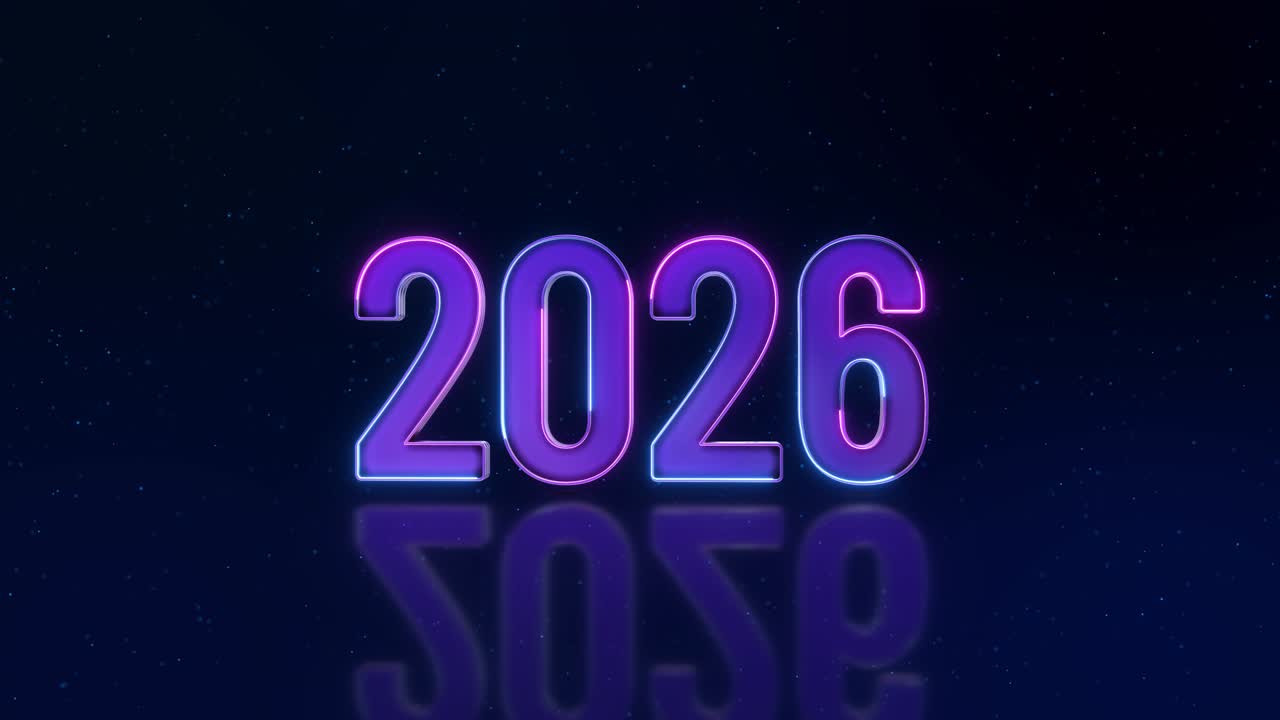 Gloeiende tekstanimatie van 2026-cijfers, blauwe neonachtergrond, nieuwjaar, futuristische technologie