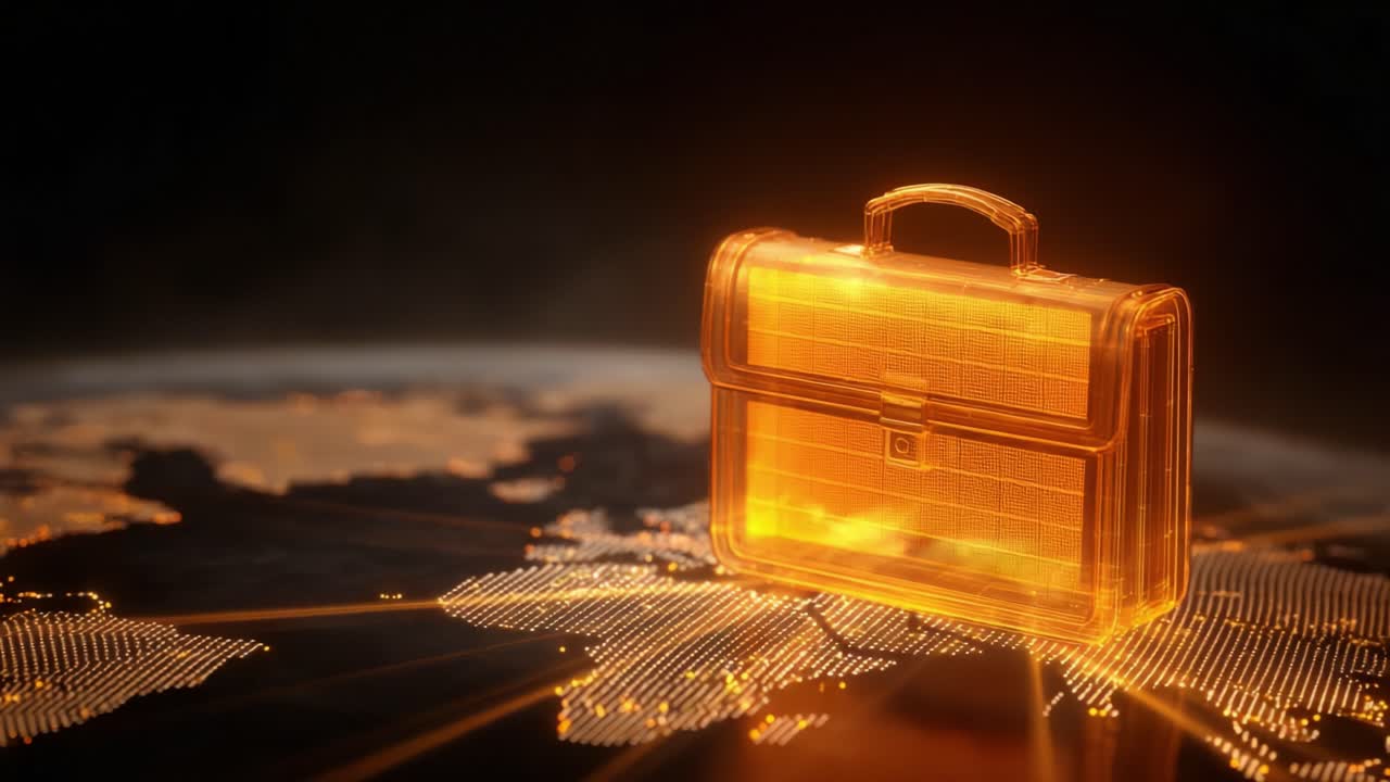 Futuristic digital briefcase hologram floating over a spinning globe with glowing continents, symbolizing international trade, finance, investment opportunities, and worldwide connections