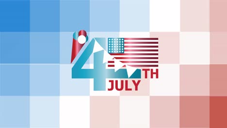Animation-of-4th-of-july-badge-with-american-flag-on-red,-white-and-blue-pixels