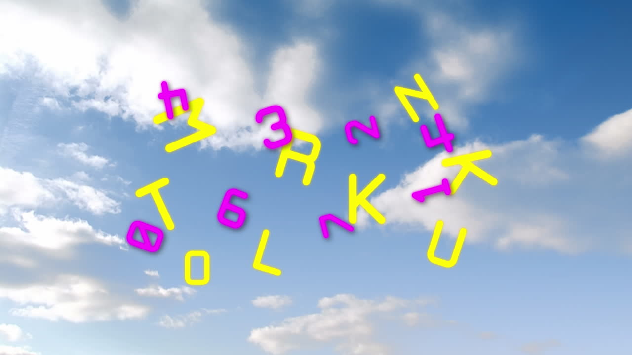 animación de letras y números sobre un cielo nublado