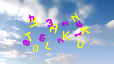 animación de letras y números sobre un cielo nublado