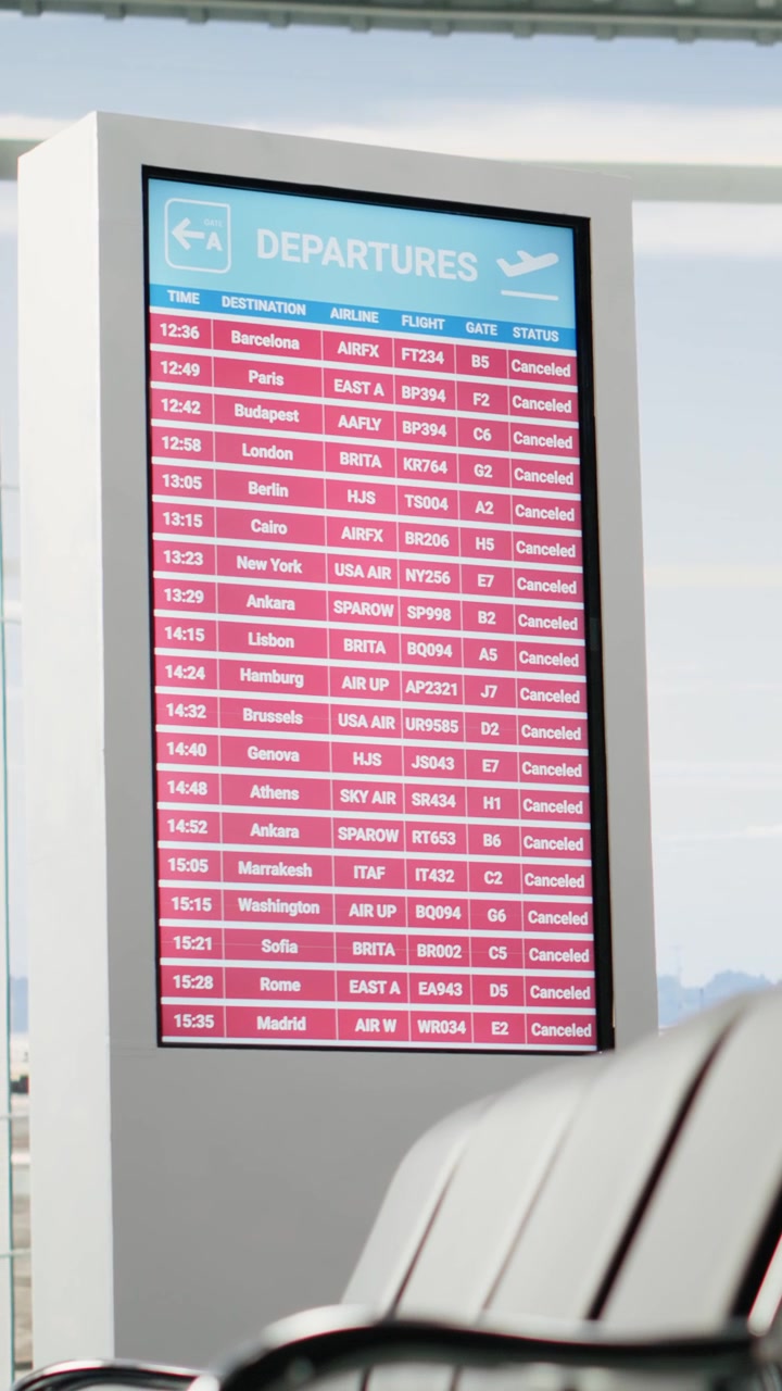 Vertical Video Departures board with red alerts showing cancelled flights and suspended travel