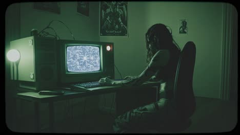 Young woman wearing headphones and using an old computer in a dark room, illuminated by a green light, creating a vintage and nostalgic atmosphere