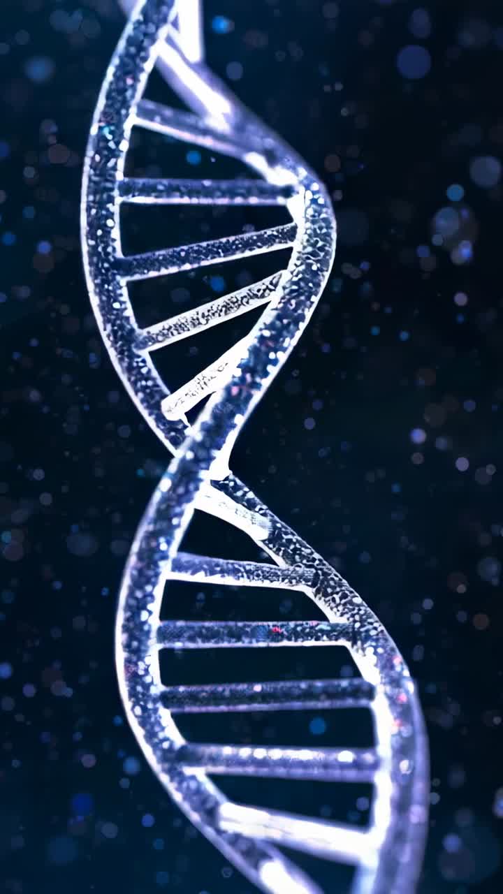 Vertical video: Appearing DNA helix rotating in dark void with specks showing rungs and pulsing