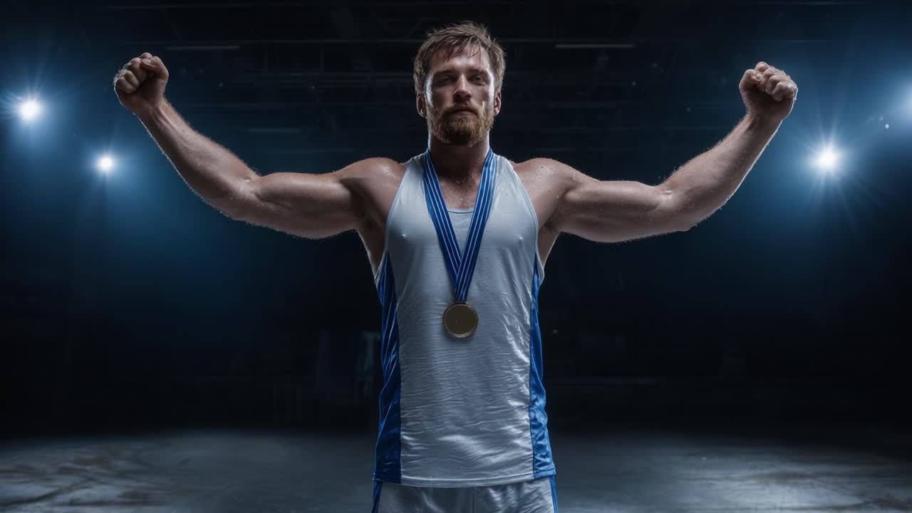 Triumphant Athlete Celebrating Victory with a Gold Medal in a Dramatic Sports Arena under Spotlight, Symbolizing Achievement and Strength