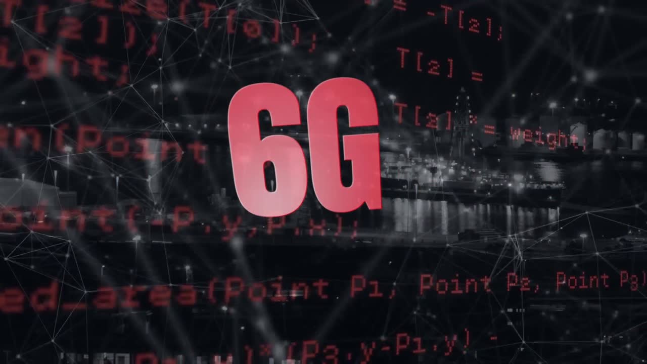 animación de texto 6g, paisaje urbano y procesamiento de datos por computadora