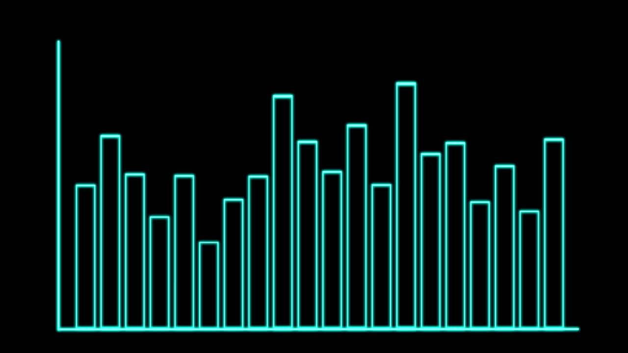 Neon blue bar graph animates smoothly, increasing in complexity, on a dark background, wide shot