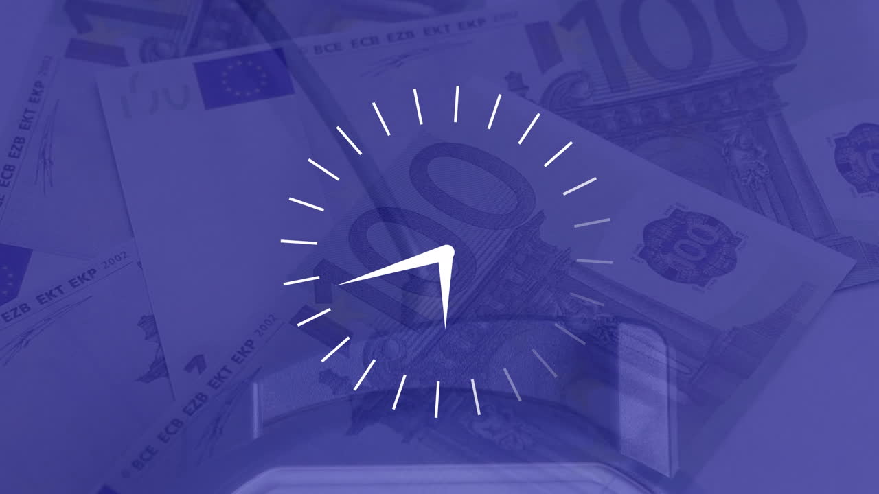 Animación de un reloj moviéndose sobre billetes