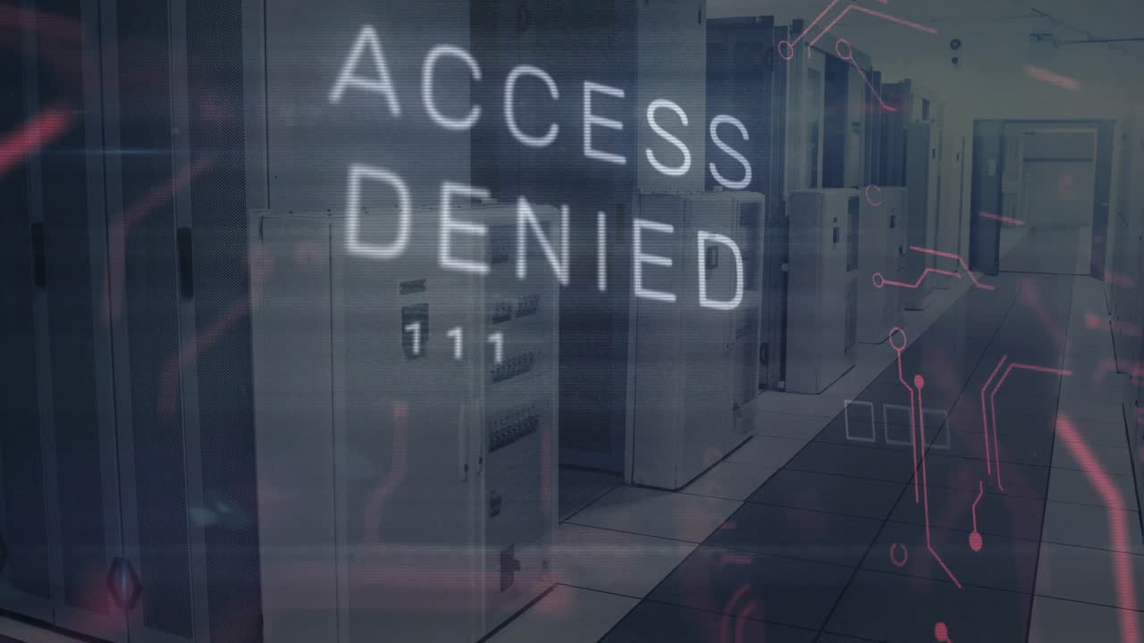 floating letters ACG morphing into ACCESS DENIED over data center corridor signaling security alert