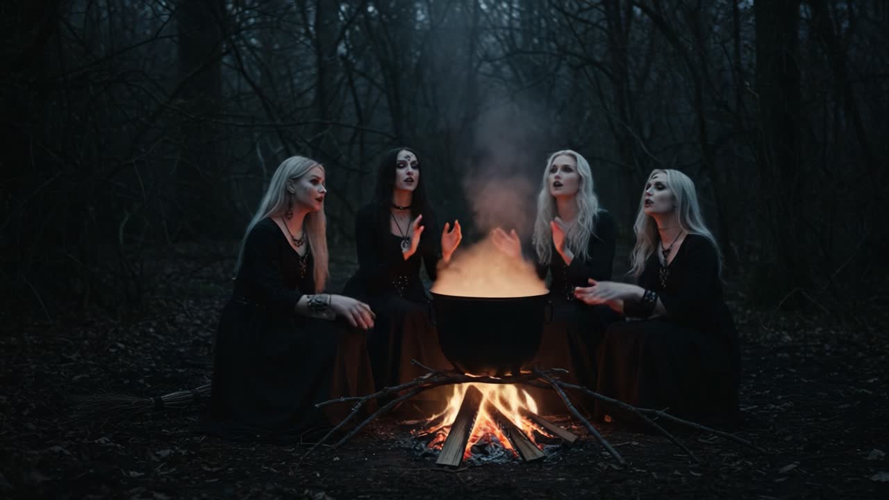 Enchanting Gathering of Mystical Figures by a Cauldron: A Hauntingly Beautiful Ritual in the Woods with Flickering Flames and Eerie Atmosphere