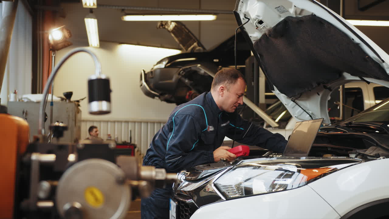 mecánico de automóviles trabajando en un coche en un taller de reparación