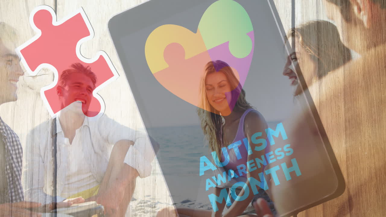 다채로운 퍼즐 조각의 애니메이션 심장과 자폐증 텍스트 여름 해변 파티에서 행복한 친구들